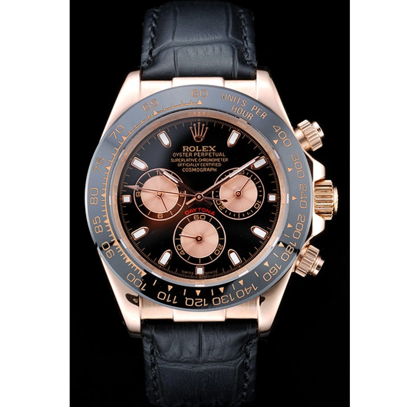 Aaa replica Gold Rose Rolex Black Leather Black Case Daytona Dial Strap 0706